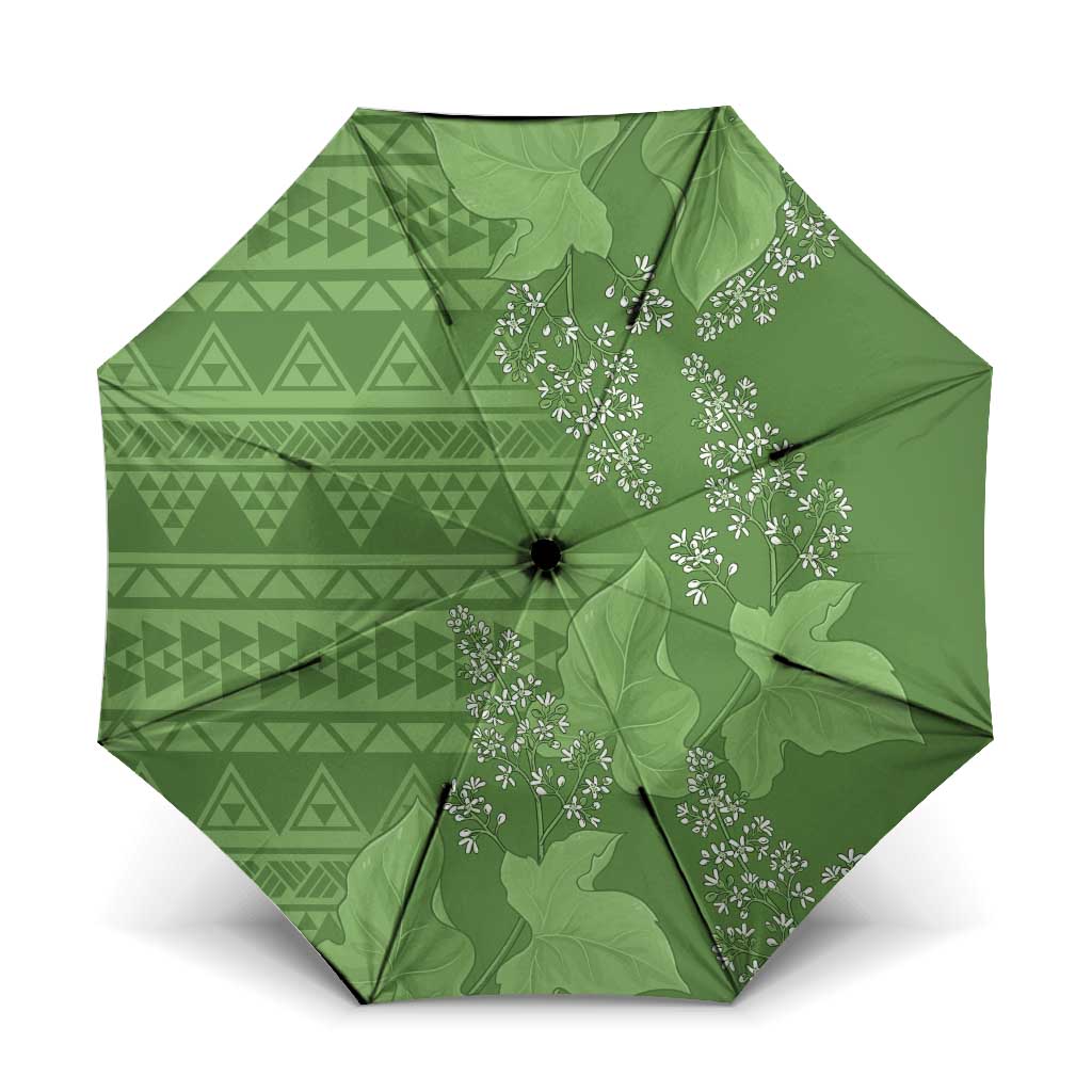 Hawaii Molokai Island Kukui Nut Flowers Umbrella Tribal Kakau Pattern LT9 One Size Folded 11.42 inch Opened Diameter 37.4 inch Green - Polynesian Pride