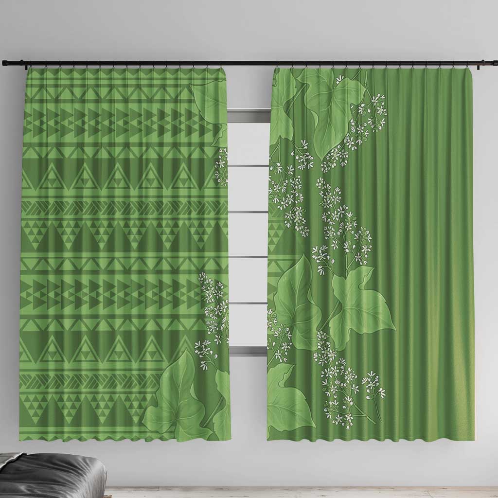 Hawaii Molokai Island Kukui Nut Flowers Window Curtain Tribal Kakau Pattern LT9 With Hooks Green - Polynesian Pride