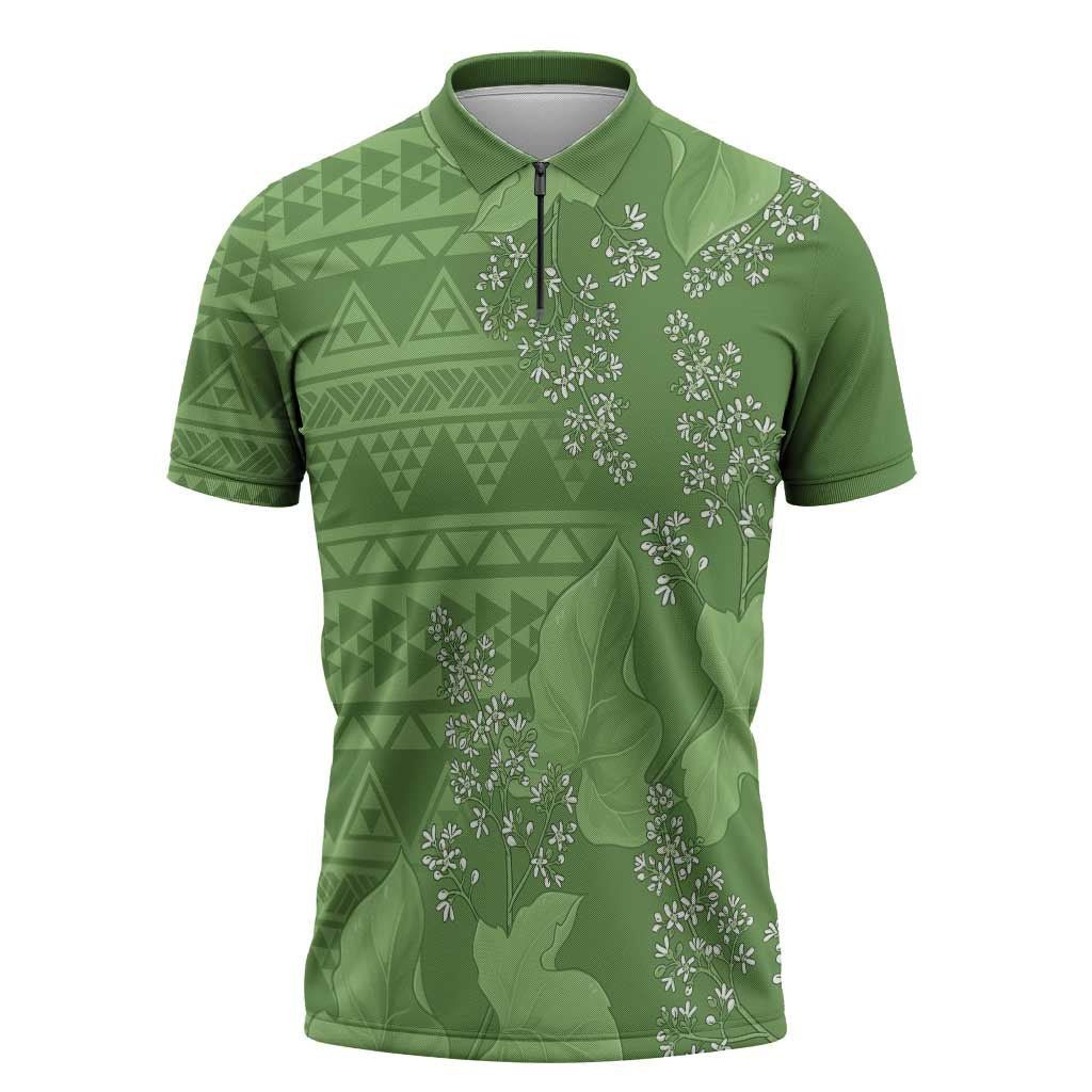 Hawaii Molokai Island Kukui Nut Flowers Zipper Polo Shirt Tribal Kakau Pattern LT9 Green - Polynesian Pride