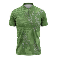 Hawaii Molokai Island Kukui Nut Flowers Zipper Polo Shirt Tribal Kakau Pattern LT9 Green - Polynesian Pride