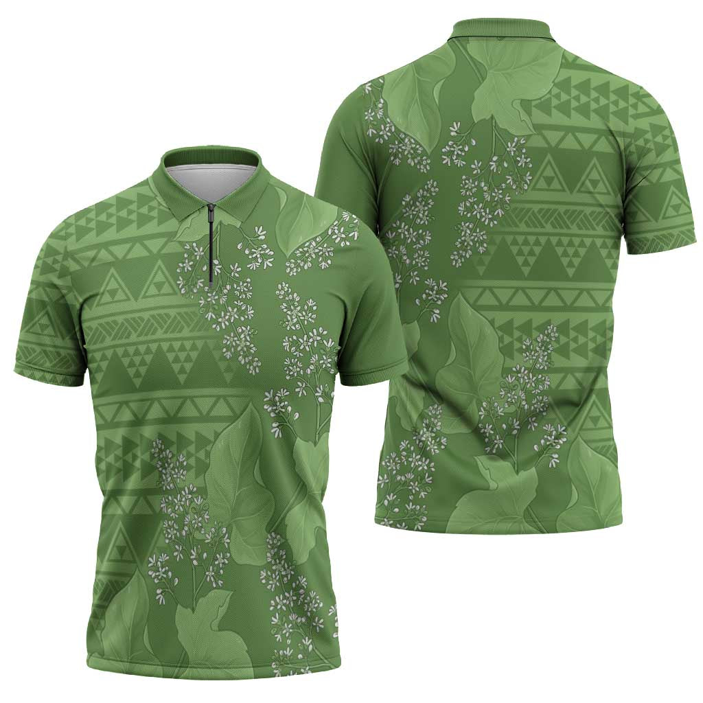 Hawaii Molokai Island Kukui Nut Flowers Zipper Polo Shirt Tribal Kakau Pattern LT9 - Polynesian Pride