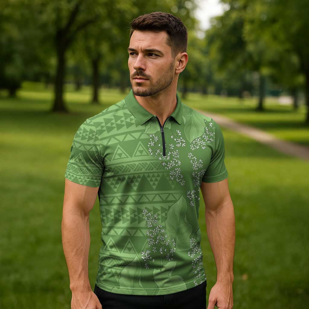Hawaii Molokai Island Kukui Nut Flowers Zipper Polo Shirt Tribal Kakau Pattern LT9 - Polynesian Pride