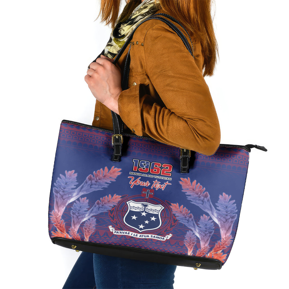 Custom Samoa 1962 Independence Day Custom Leather Tote Bag Manuia le Aso Tuto'atasi Ula Nifo Blue Art LT9 Blue - Polynesian Pride