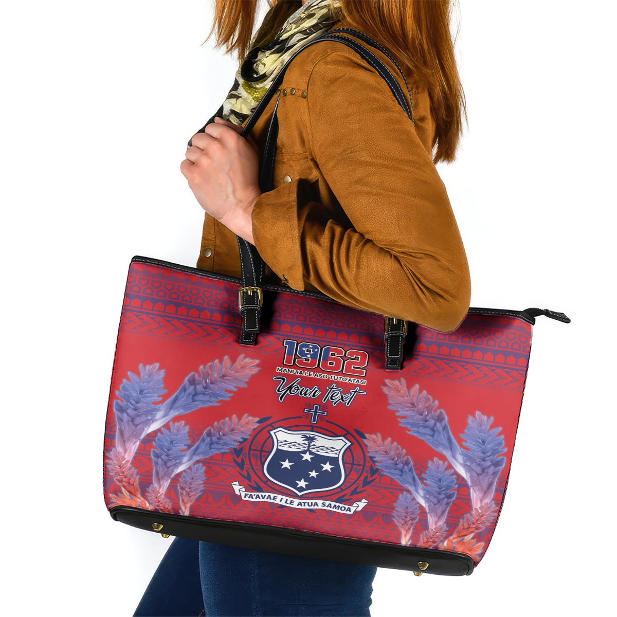 Custom Samoa 1962 Independence Day Custom Leather Tote Bag Manuia le Aso Tuto'atasi Ula Nifo Red Art LT9 Red - Polynesian Pride