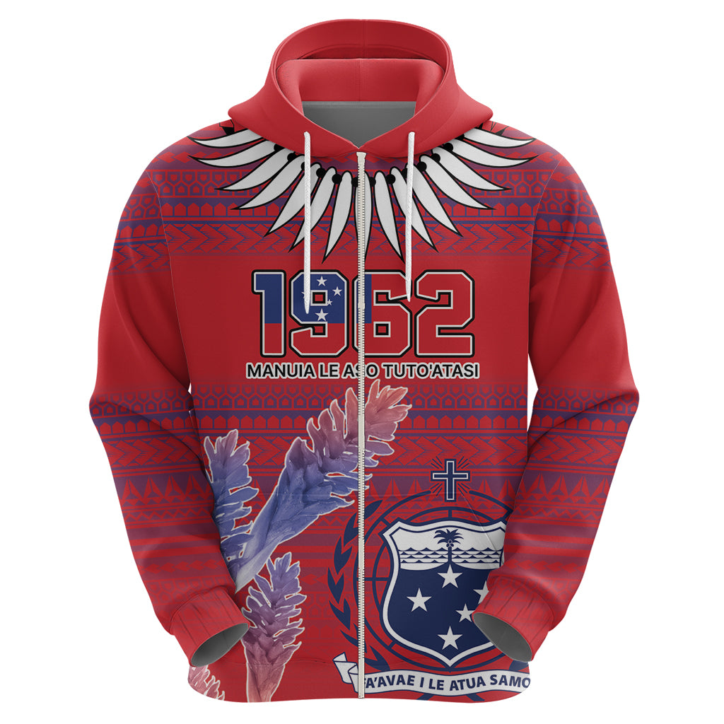Custom Samoa 1962 Independence Day Custom Zip Hoodie Manuia le Aso Tuto'atasi Ula Nifo Red Art LT9 - Polynesian Pride