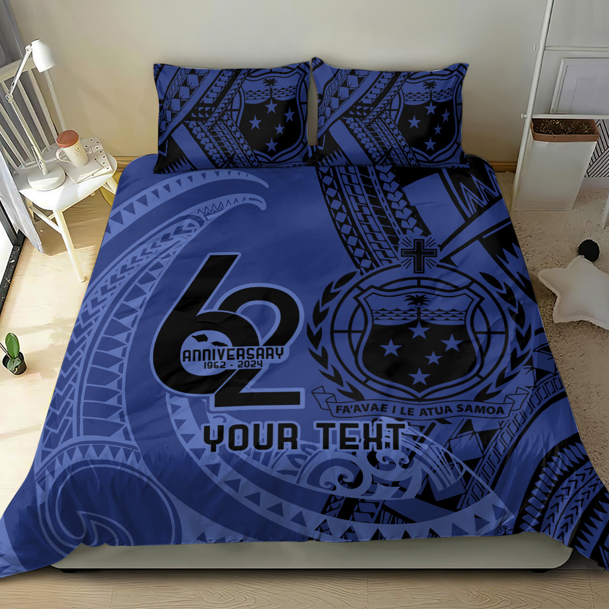 Custom Samoa 62nd Manuia le Aso Tuto'atasi Bedding Set Samoan Tatau Blue Art LT9 - Polynesian Pride