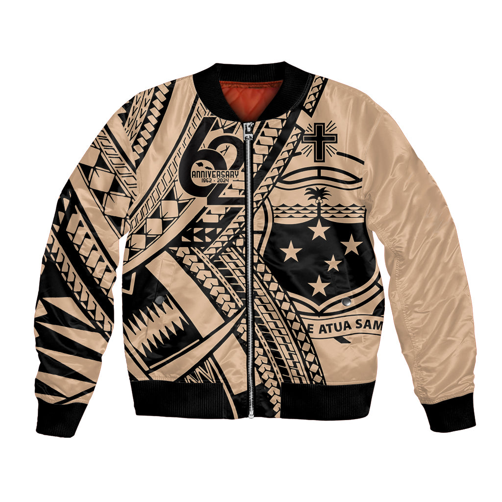 Custom Samoa Manuia le 62 Tausaga O le Tutoatasi Bomber Jacket Samoan Tatau Beige Art LT9 Unisex Beige - Polynesian Pride