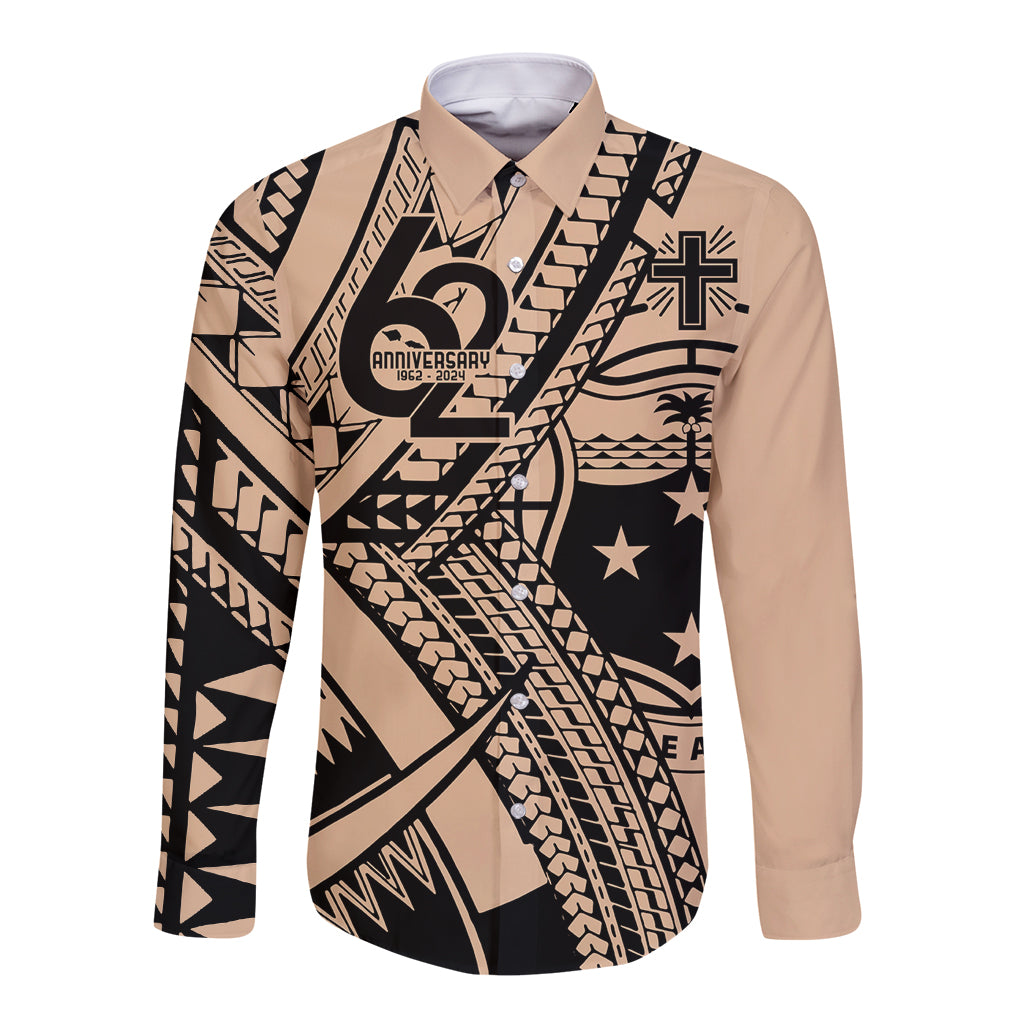 Custom Samoa Manuia le 62 Tausaga O le Tutoatasi Long Sleeve Button Shirt Samoan Tatau Beige Art LT9 Unisex Beige - Polynesian Pride
