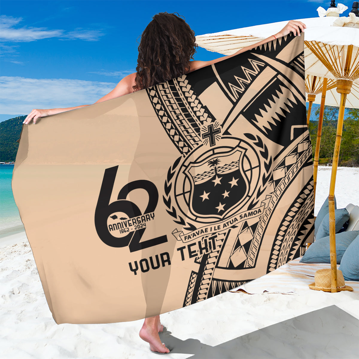 Custom Samoa Manuia le 62 Tausaga O le Tutoatasi Sarong Samoan Tatau Beige Art LT9 One Size 44 x 66 inches Beige - Polynesian Pride
