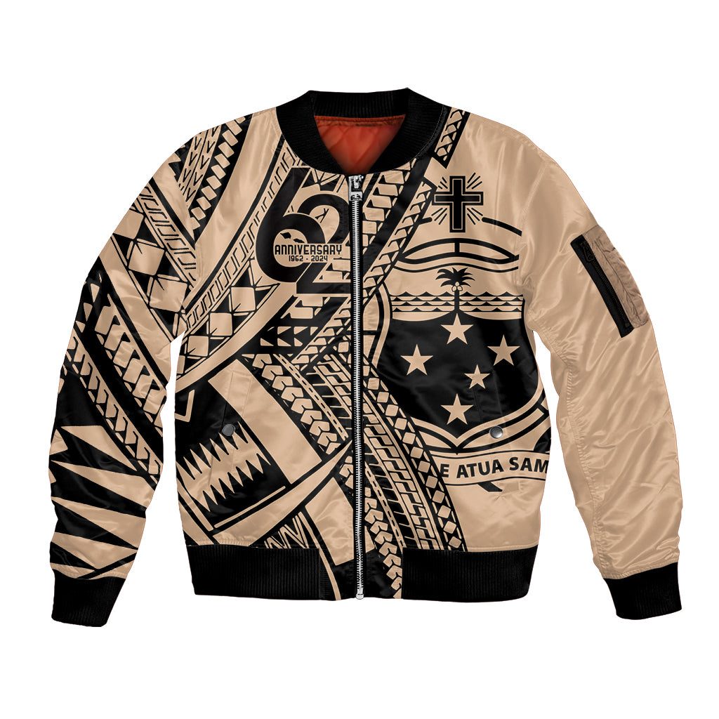 Custom Samoa Manuia le 62 Tausaga O le Tutoatasi Sleeve Zip Bomber Jacket Samoan Tatau Beige Art LT9 Unisex Beige - Polynesian Pride