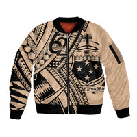 Custom Samoa Manuia le 62 Tausaga O le Tutoatasi Sleeve Zip Bomber Jacket Samoan Tatau Beige Art LT9 Unisex Beige - Polynesian Pride