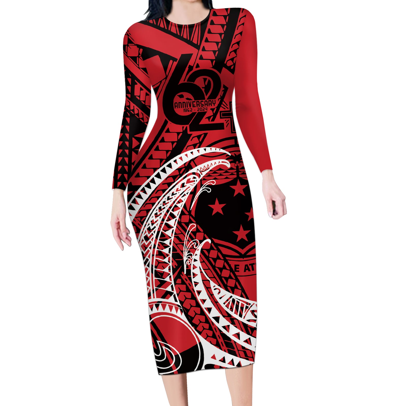 Custom Samoa Manuia le 62 Tausaga O le Tutoatasi Long Sleeve Bodycon Dress Samoan Tatau Red Art LT9 Long Dress Red - Polynesian Pride