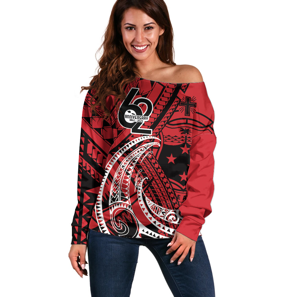 Custom Samoa Manuia le 62 Tausaga O le Tutoatasi Off Shoulder Sweater Samoan Tatau Red Art LT9 Women Red - Polynesian Pride