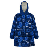 (Custom Text And Number) Manu Samoa Rugby Wearable Blanket Hoodie Polynesian Style With Hibiscus LT9 One Size Blue - Polynesian Pride