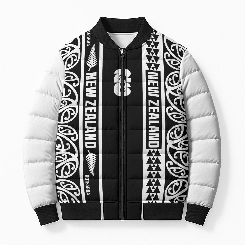 Custom New Zealand Football White Fern Supporter Bomber Puffer Jacket LT9 Unisex Black - Polynesian Pride