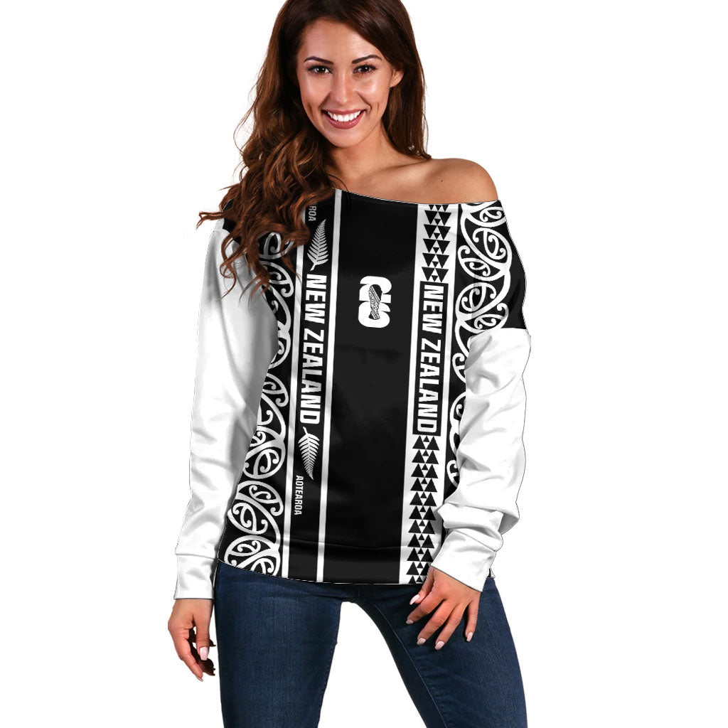 Custom New Zealand Football White Fern Supporter Off Shoulder Sweater LT9 Women Black - Polynesian Pride