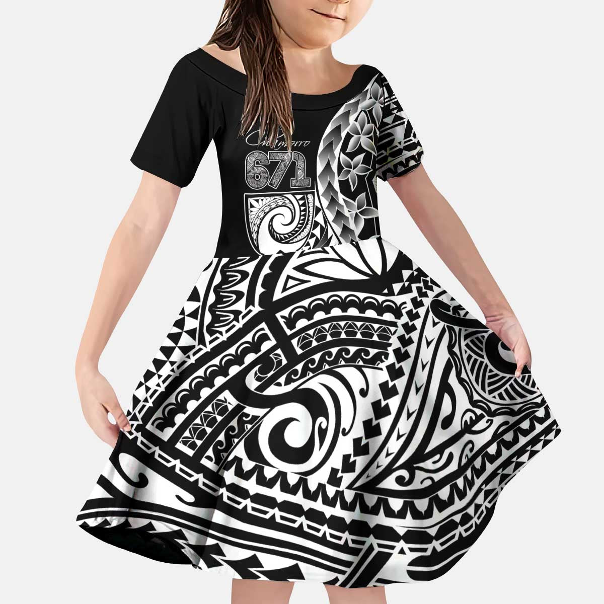 671 Guam Personalised Kid Short Sleeve Dress Latte Stone Tribal LT9 KID Black - Polynesian Pride