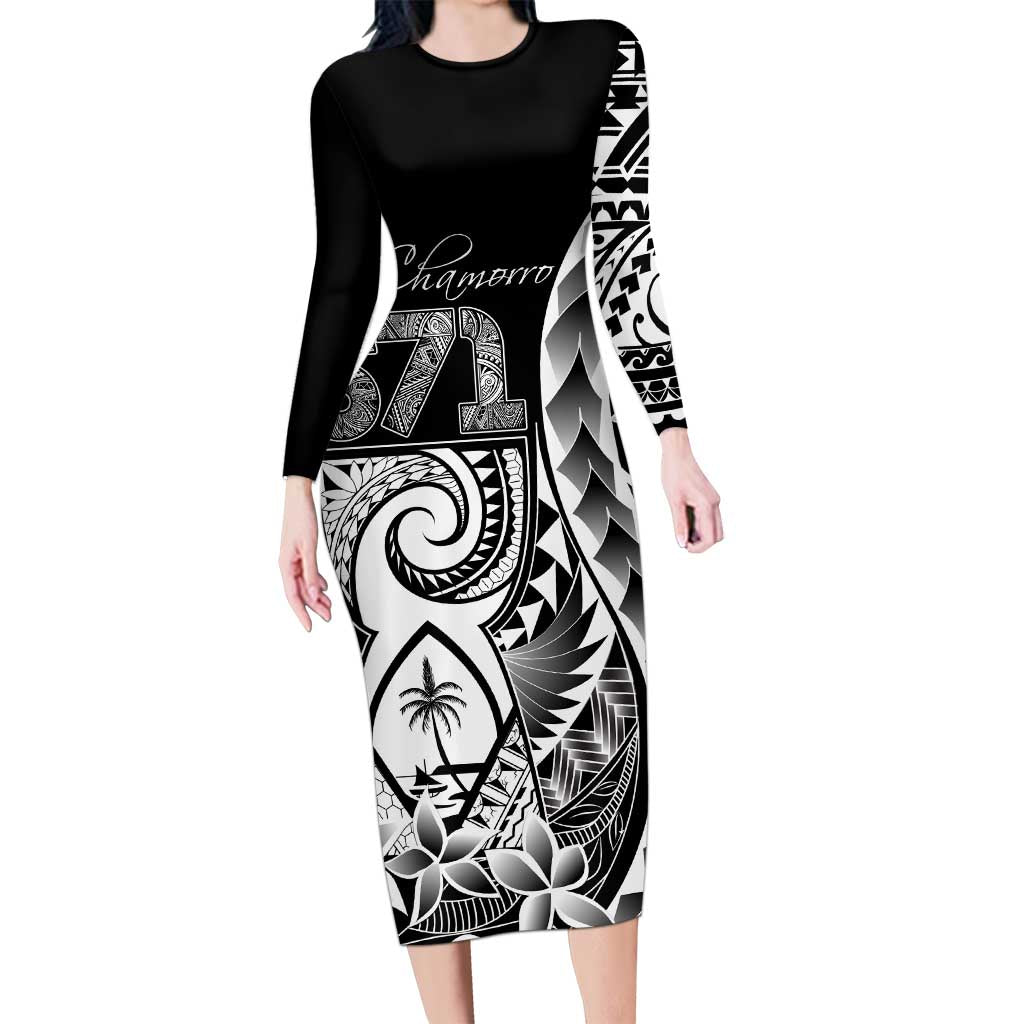 671 Guam Personalised Long Sleeve Bodycon Dress Latte Stone Tribal LT9 Long Dress Black - Polynesian Pride