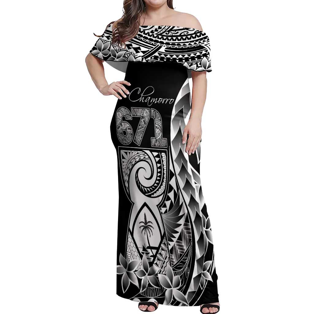 671 Guam Personalised Off Shoulder Maxi Dress Latte Stone Tribal LT9 Women Black - Polynesian Pride