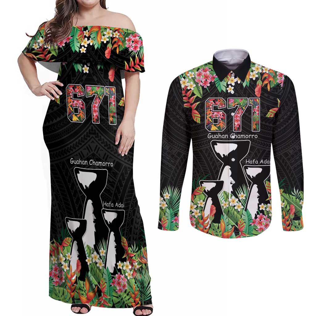 671 Guam Personalised Couples Matching Off Shoulder Maxi Dress and Long Sleeve Button Shirt Latte Stone and Tropical Flowers LT9 Black - Polynesian Pride