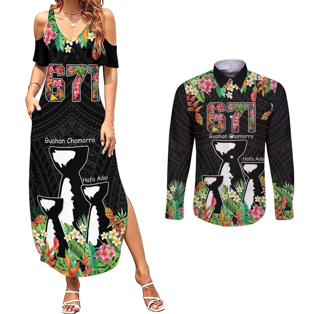671 Guam Personalised Couples Matching Summer Maxi Dress and Long Sleeve Button Shirt Latte Stone and Tropical Flowers LT9 Black - Polynesian Pride