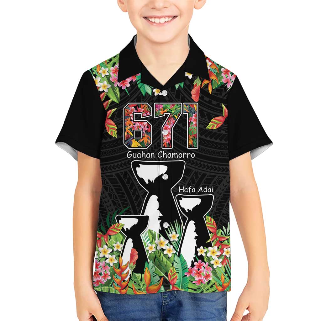 671 Guam Personalised Kid Hawaiian Shirt Latte Stone and Tropical Flowers LT9 Kid Black - Polynesian Pride