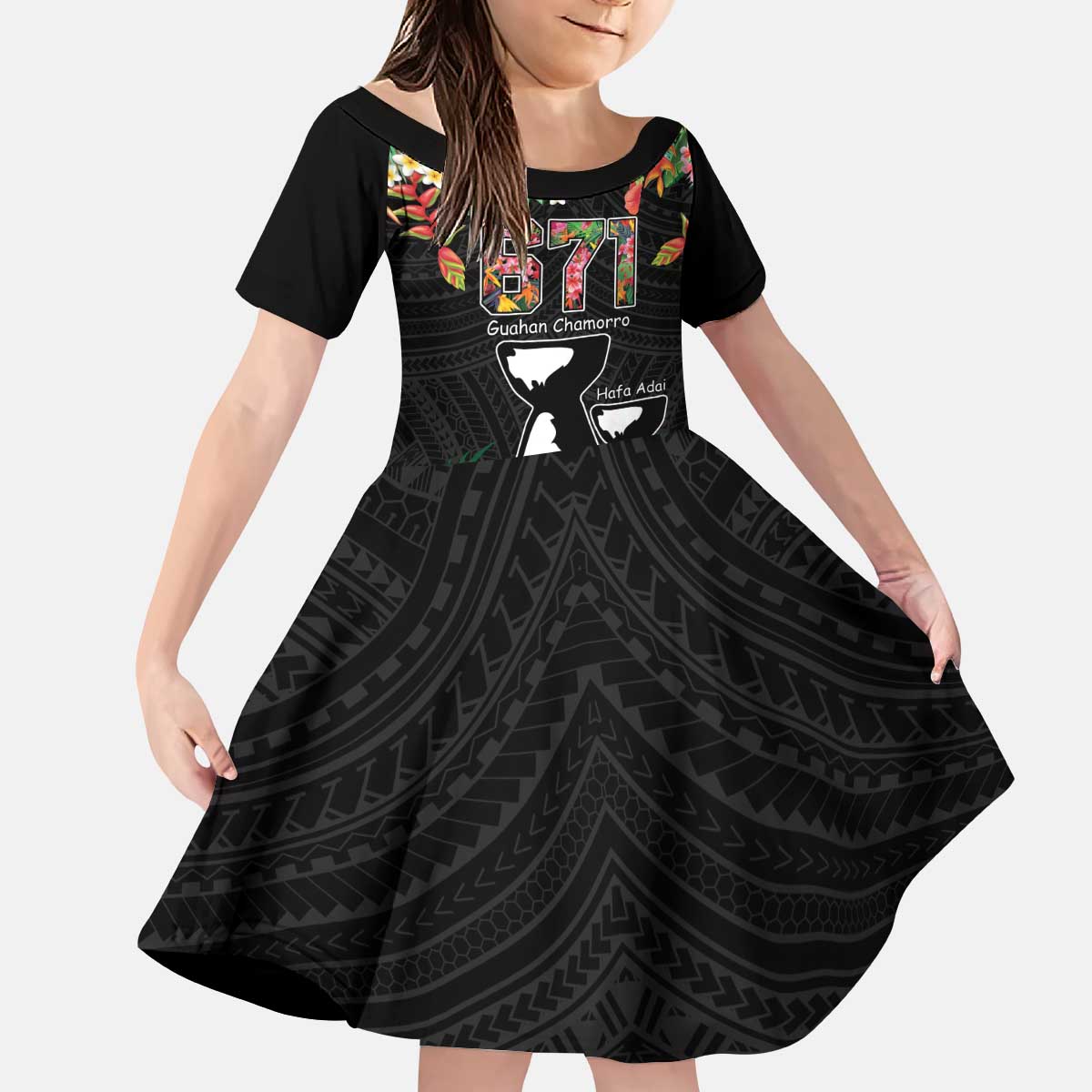 671 Guam Personalised Kid Short Sleeve Dress Latte Stone and Tropical Flowers LT9 KID Black - Polynesian Pride