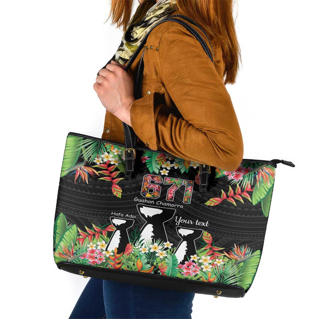 671 Guam Personalised Leather Tote Bag Latte Stone and Tropical Flowers LT9 Black - Polynesian Pride