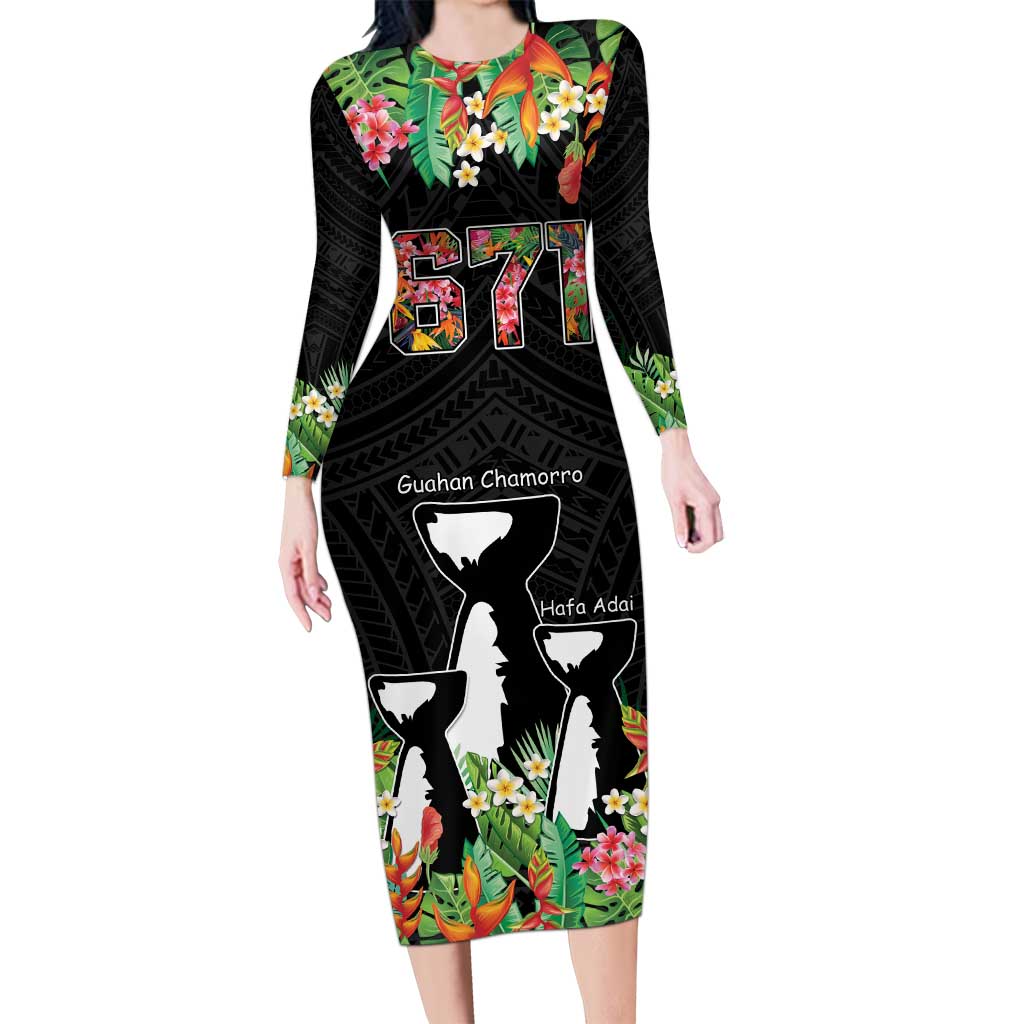 671 Guam Personalised Long Sleeve Bodycon Dress Latte Stone and Tropical Flowers LT9 Long Dress Black - Polynesian Pride