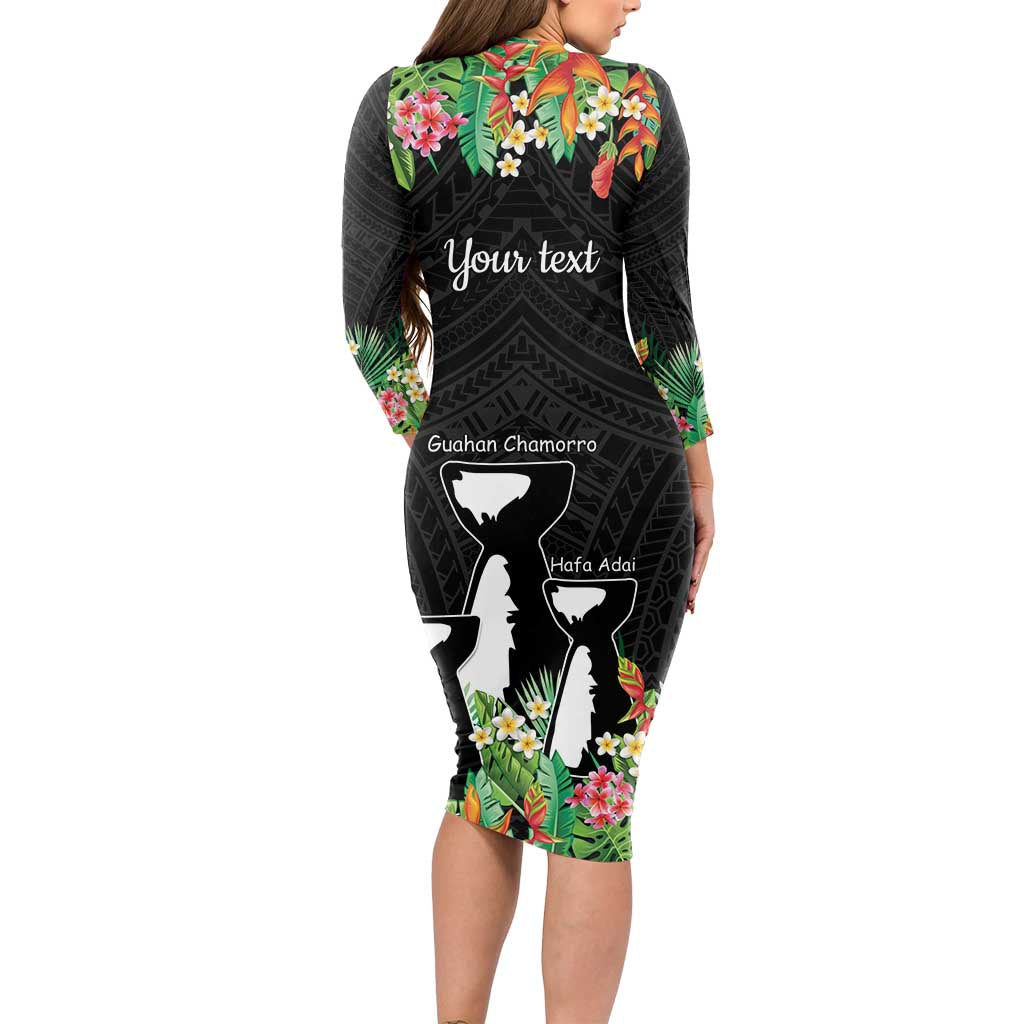 671 Guam Personalised Long Sleeve Bodycon Dress Latte Stone and Tropical Flowers LT9 - Polynesian Pride