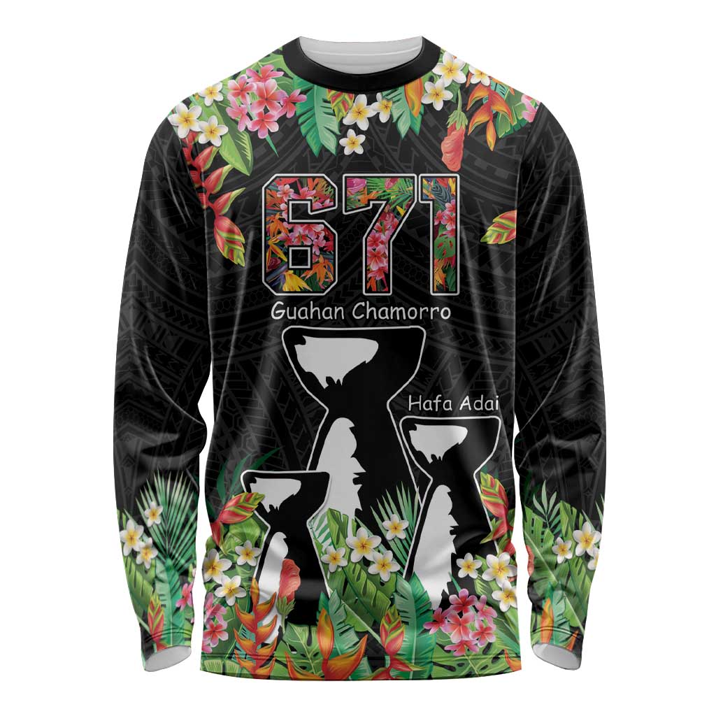 671 Guam Personalised Long Sleeve Shirt Latte Stone and Tropical Flowers LT9 Unisex Black - Polynesian Pride