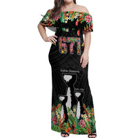 671 Guam Personalised Off Shoulder Maxi Dress Latte Stone and Tropical Flowers LT9 Women Black - Polynesian Pride