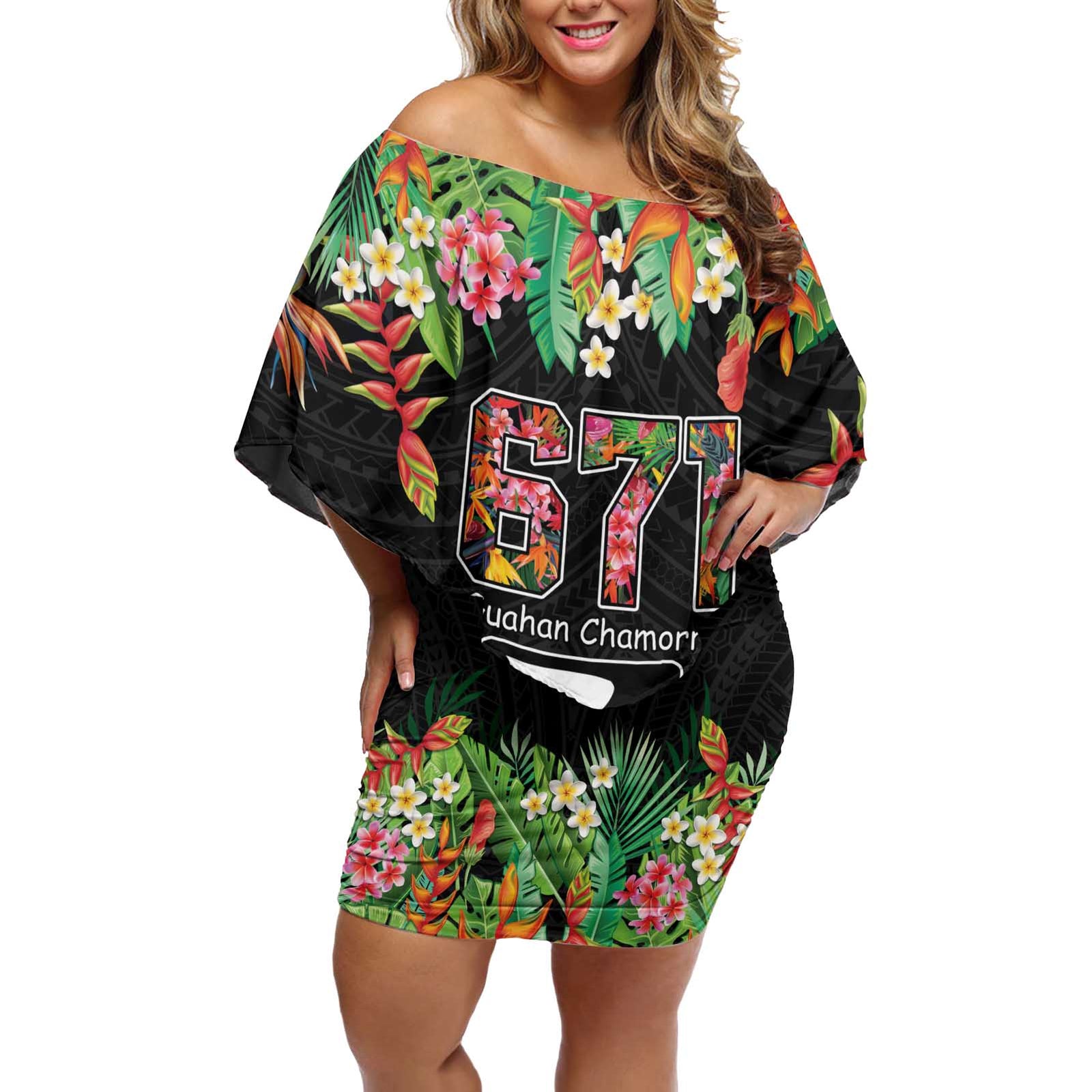 671 Guam Personalised Off Shoulder Short Dress Latte Stone and Tropical Flowers LT9 Women Black - Polynesian Pride