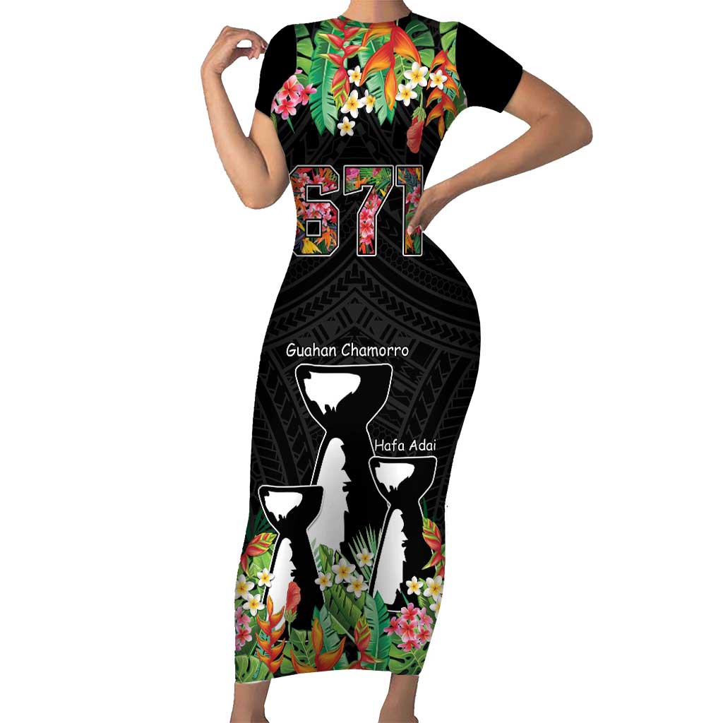 671 Guam Personalised Short Sleeve Bodycon Dress Latte Stone and Tropical Flowers LT9 Long Dress Black - Polynesian Pride