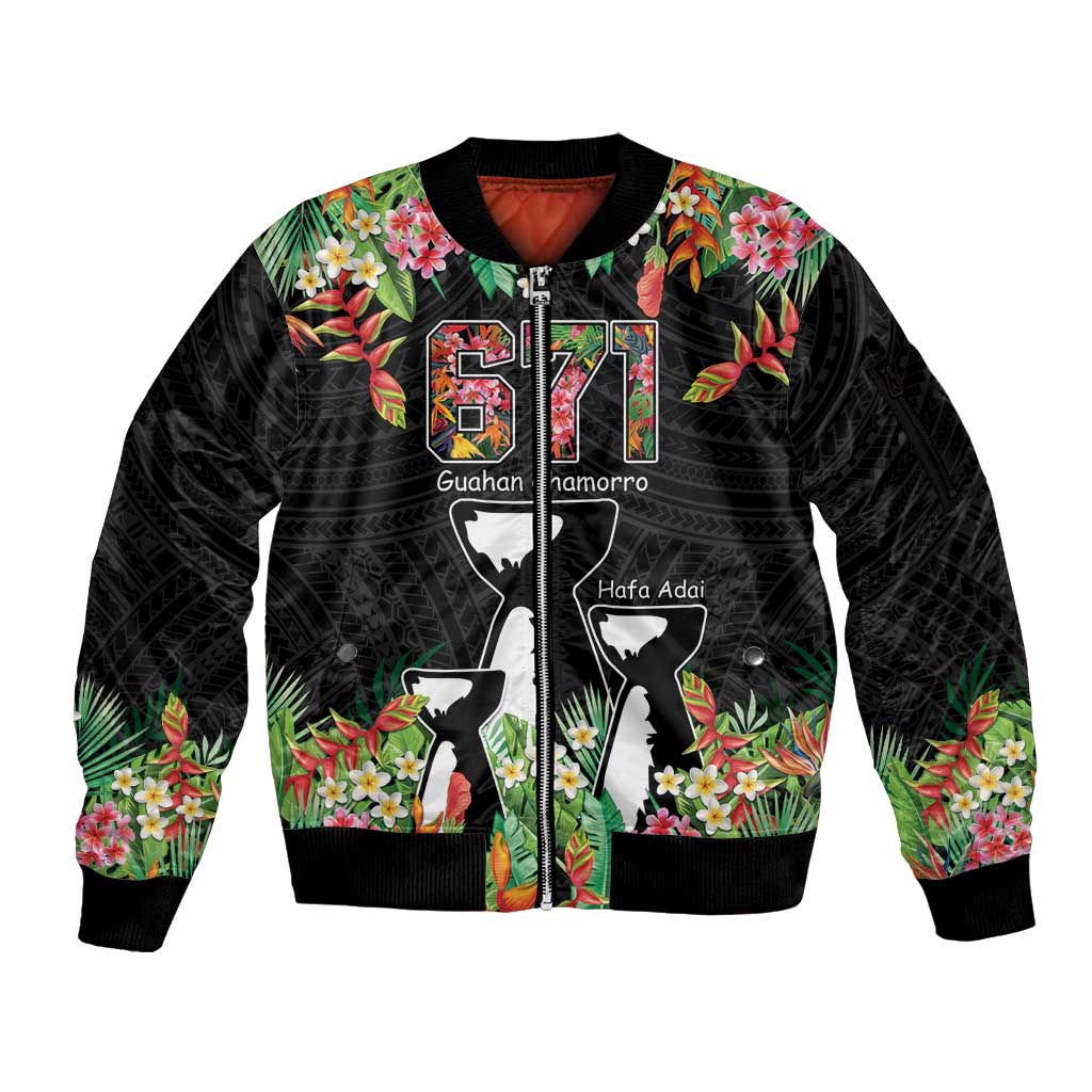 671 Guam Personalised Sleeve Zip Bomber Jacket Latte Stone and Tropical Flowers LT9 Unisex Black - Polynesian Pride