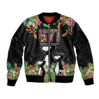 671 Guam Personalised Sleeve Zip Bomber Jacket Latte Stone and Tropical Flowers LT9 Unisex Black - Polynesian Pride
