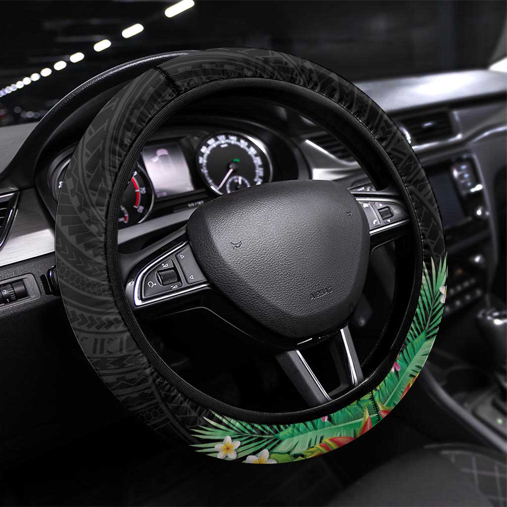 671 Guam Personalised Steering Wheel Cover Latte Stone and Tropical Flowers LT9 Universal Fit Black - Polynesian Pride