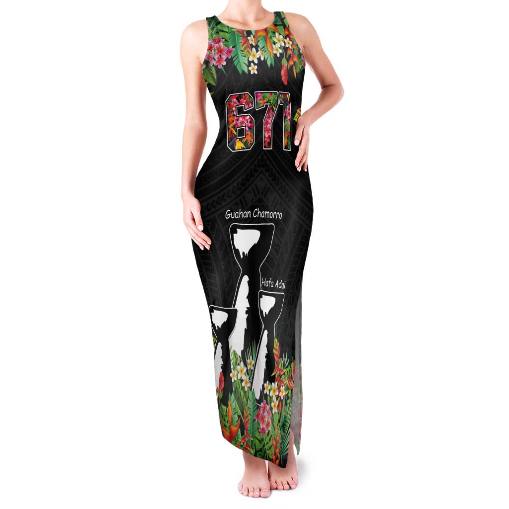 671 Guam Personalised Tank Maxi Dress Latte Stone and Tropical Flowers LT9 Women Black - Polynesian Pride