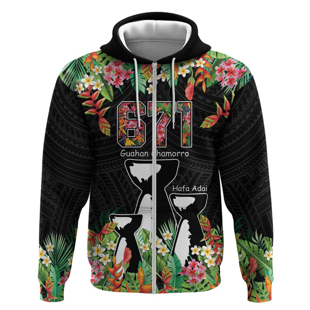 671 Guam Personalised Zip Hoodie Latte Stone and Tropical Flowers LT9 Zip Hoodie Black - Polynesian Pride
