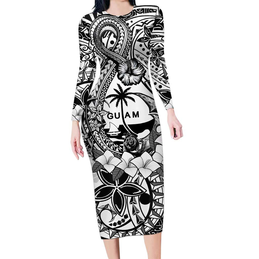 Guam Hafa Adai Guasali Flowers Long Sleeve Bodycon Dress LT9 Long Dress Black - Polynesian Pride