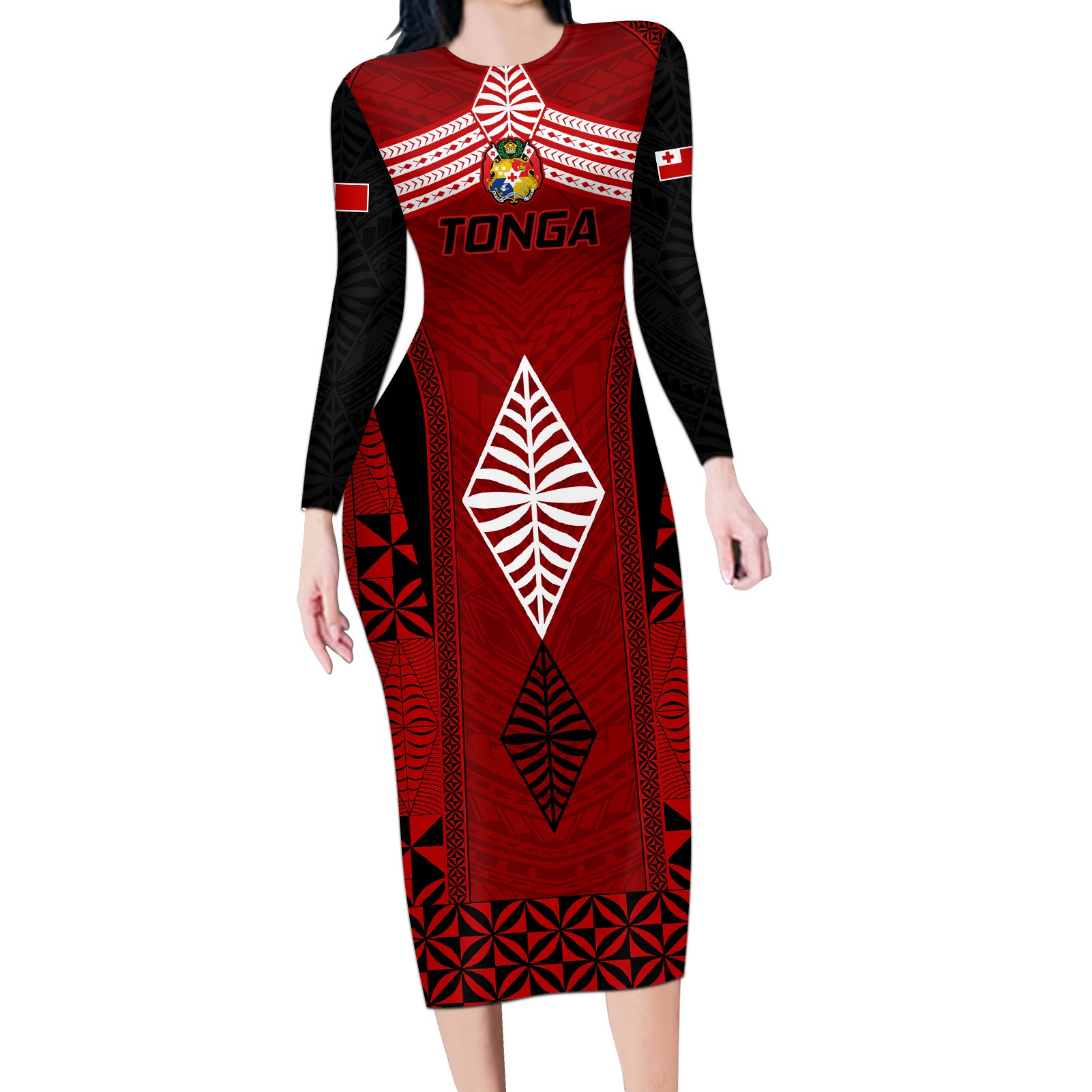 Tonga Rugby Long Sleeve Bodycon Dress Go Champions World Cup 2023 Ngatu Unique LT9 Long Dress Red - Polynesian Pride