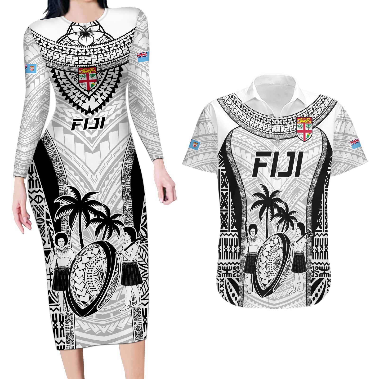 Fiji Rugby Couples Matching Long Sleeve Bodycon Dress and Hawaiian Shirt Go Champions World Cup 2023 Tapa Unique White Vibe LT9 White - Polynesian Pride