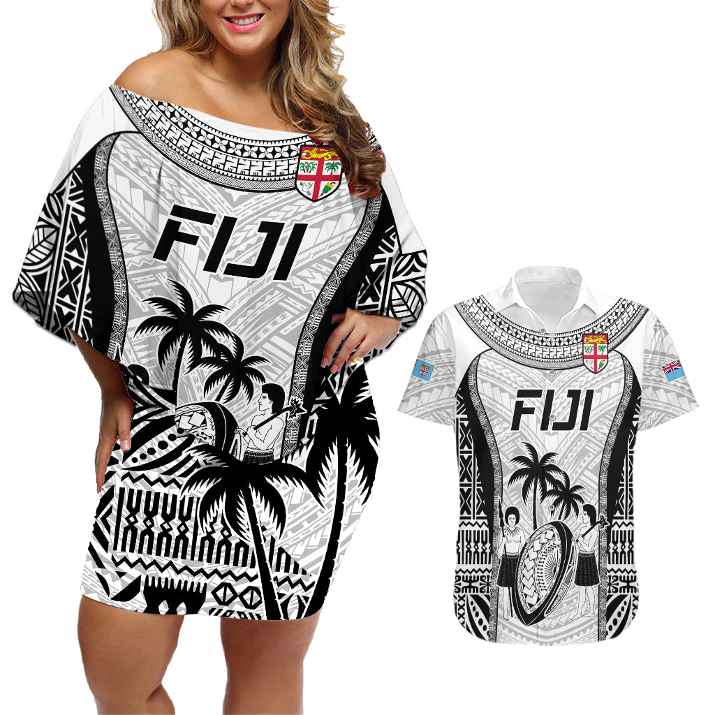 Fiji Rugby Couples Matching Off Shoulder Short Dress and Hawaiian Shirt Go Champions World Cup 2023 Tapa Unique White Vibe LT9 White - Polynesian Pride