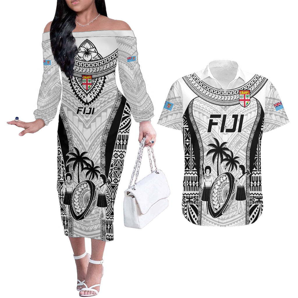 Fiji Rugby Couples Matching Off The Shoulder Long Sleeve Dress and Hawaiian Shirt Go Champions World Cup 2023 Tapa Unique White Vibe LT9 White - Polynesian Pride