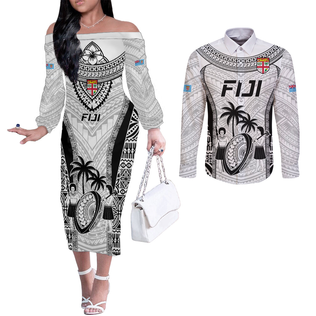 Fiji Rugby Couples Matching Off The Shoulder Long Sleeve Dress and Long Sleeve Button Shirts Go Champions World Cup 2023 Tapa Unique White Vibe LT9 White - Polynesian Pride