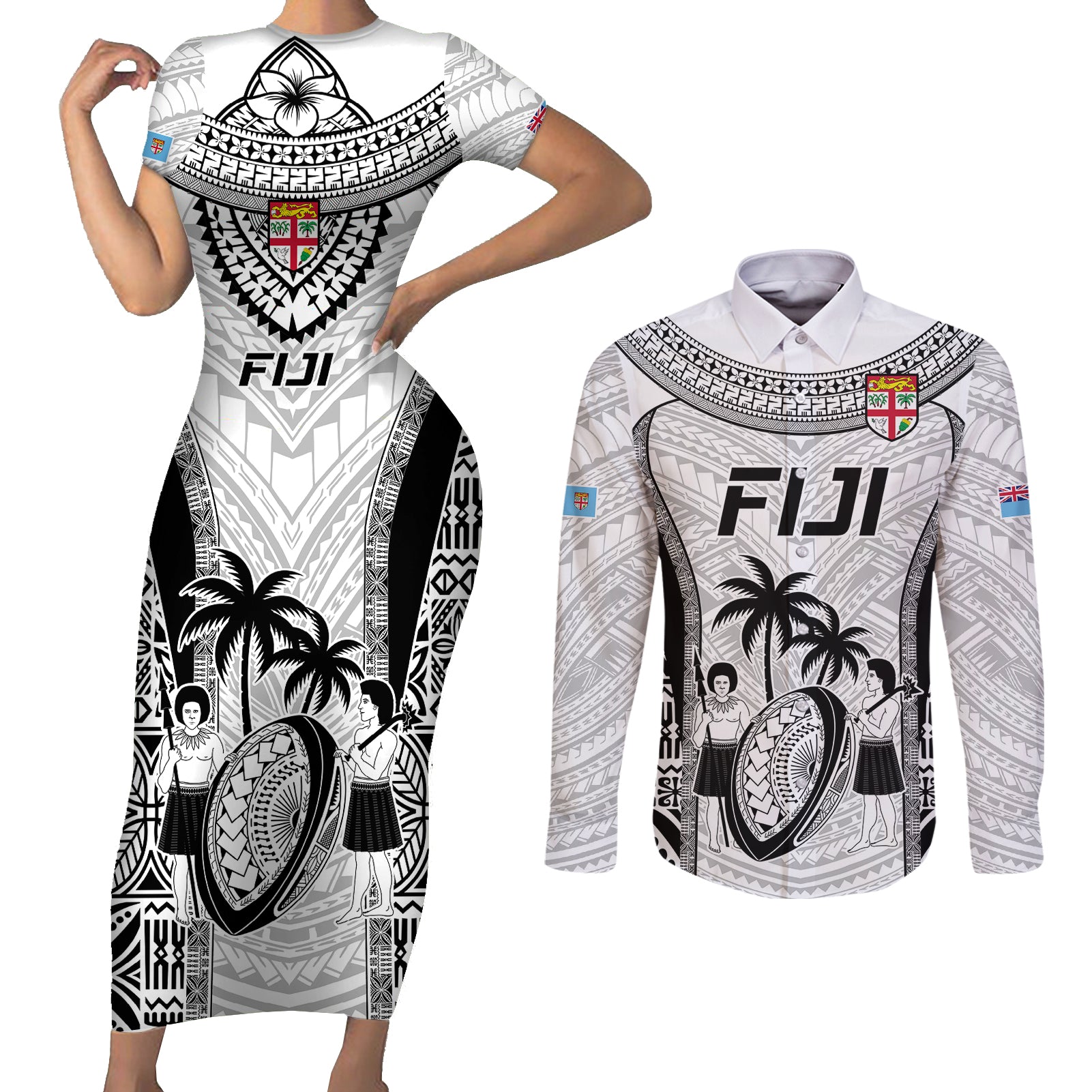 Fiji Rugby Couples Matching Short Sleeve Bodycon Dress and Long Sleeve Button Shirts Go Champions World Cup 2023 Tapa Unique White Vibe LT9 White - Polynesian Pride