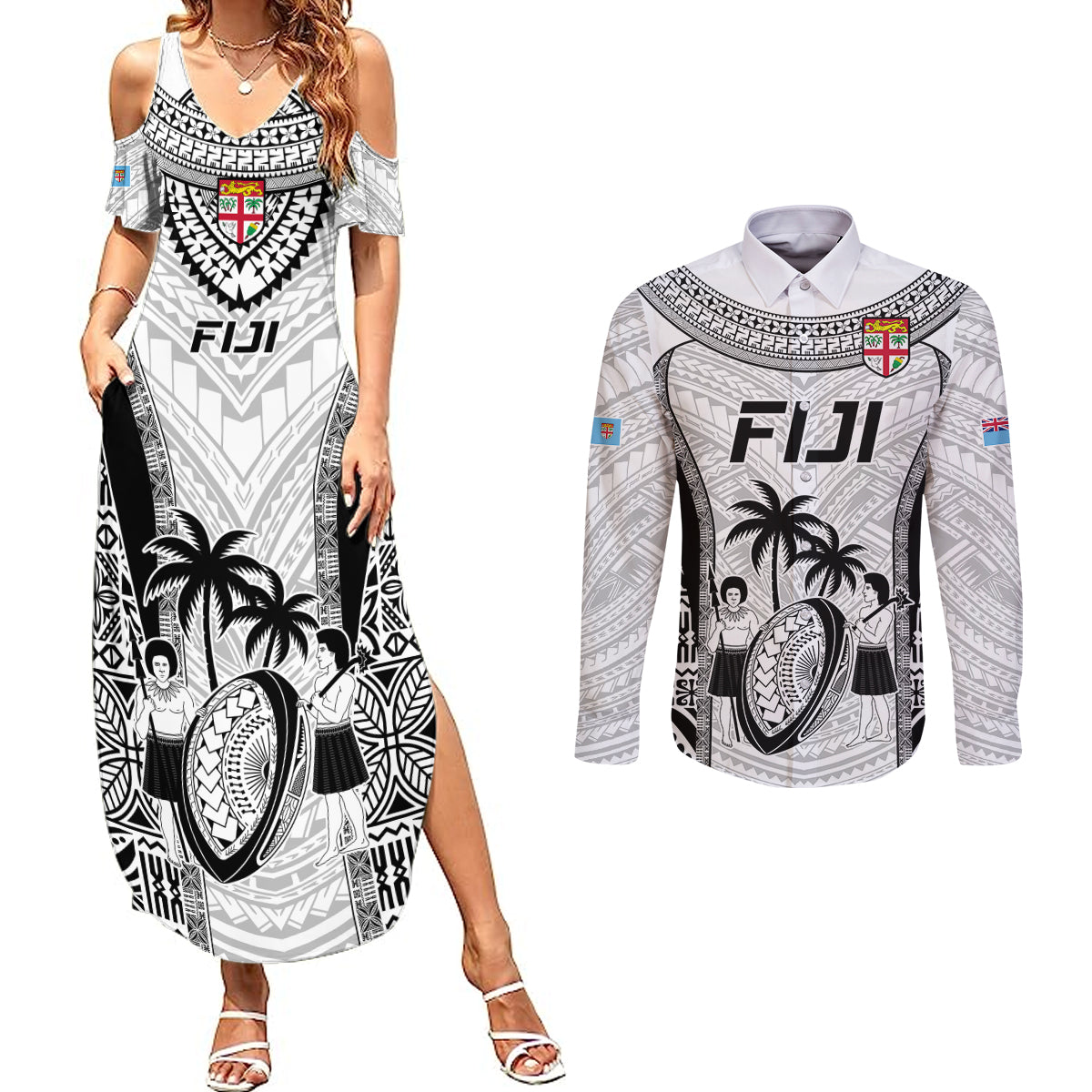 Fiji Rugby Couples Matching Summer Maxi Dress and Long Sleeve Button Shirts Go Champions World Cup 2023 Tapa Unique White Vibe LT9 White - Polynesian Pride