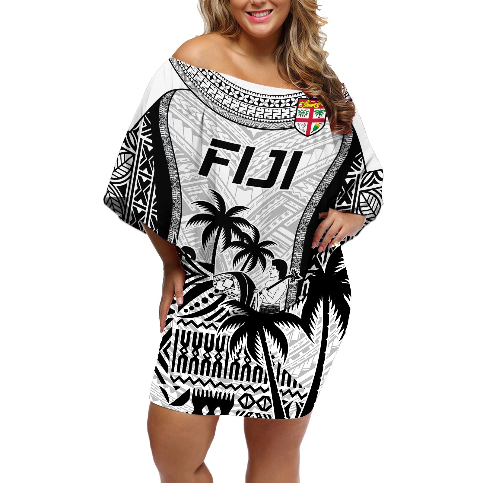 Fiji Rugby Off Shoulder Short Dress Go Champions World Cup 2023 Tapa Unique White Vibe LT9 Women White - Polynesian Pride