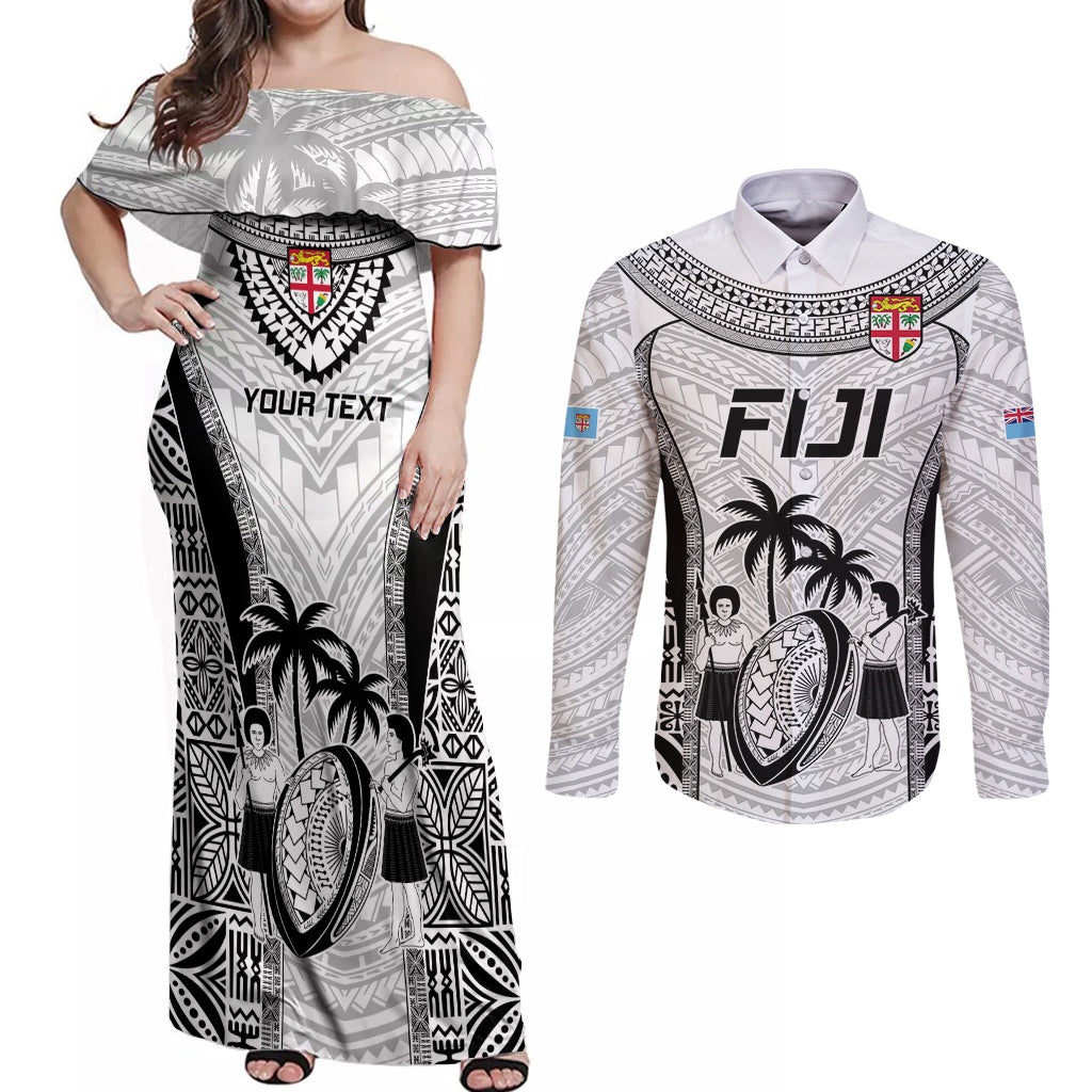 Custom Fiji Rugby Couples Matching Off Shoulder Maxi Dress and Long Sleeve Button Shirts Go Champions World Cup 2023 Tapa Unique White Vibe LT9 White - Polynesian Pride