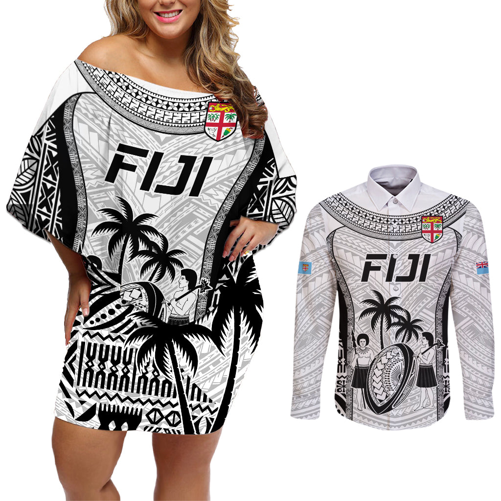 Custom Fiji Rugby Couples Matching Off Shoulder Short Dress and Long Sleeve Button Shirts Go Champions World Cup 2023 Tapa Unique White Vibe LT9 White - Polynesian Pride